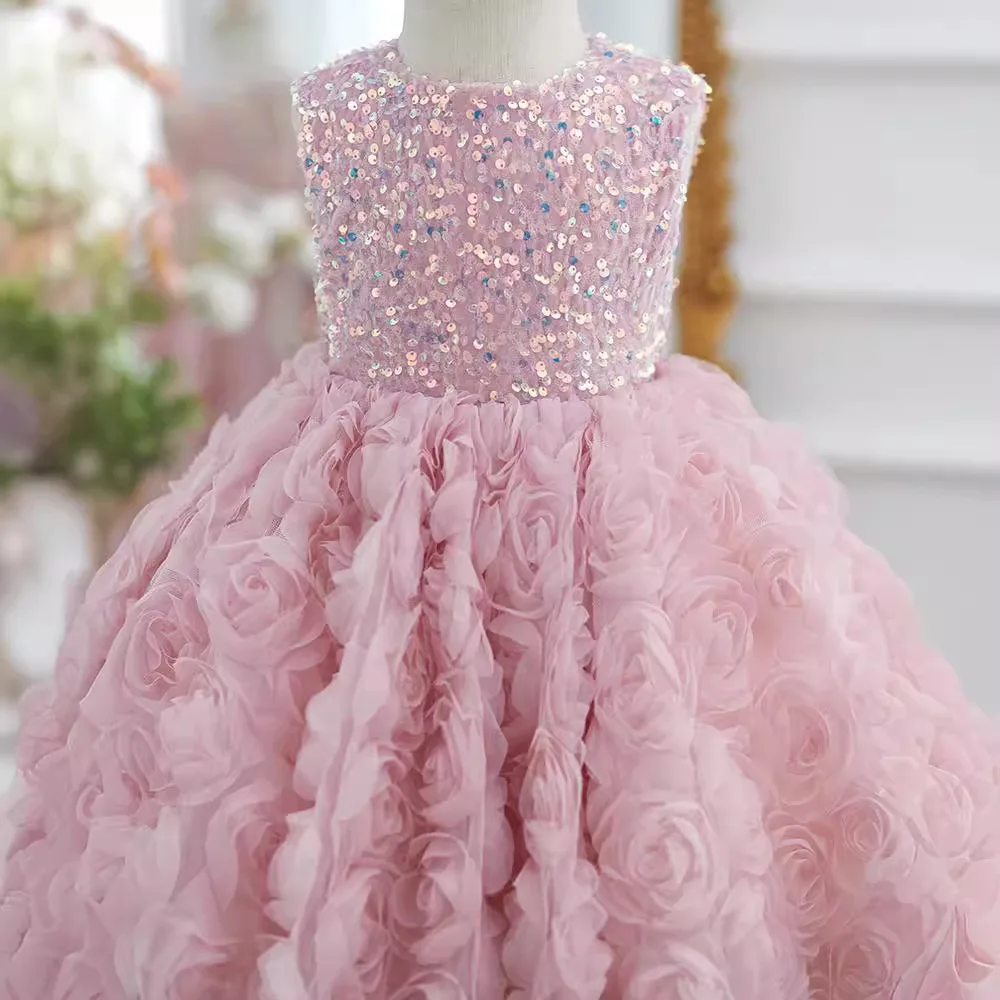 2024 Flower Girl Wedding Pink Princess Ball Gown Children Cute Bow Sequins Sleeveless Birthday Party Dress y1259