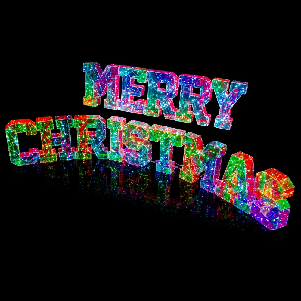 Creative Hologram Christmas Party Prismatic Glowing Light Letter Decoration Luminous Merry-Christmas Letter Led Light