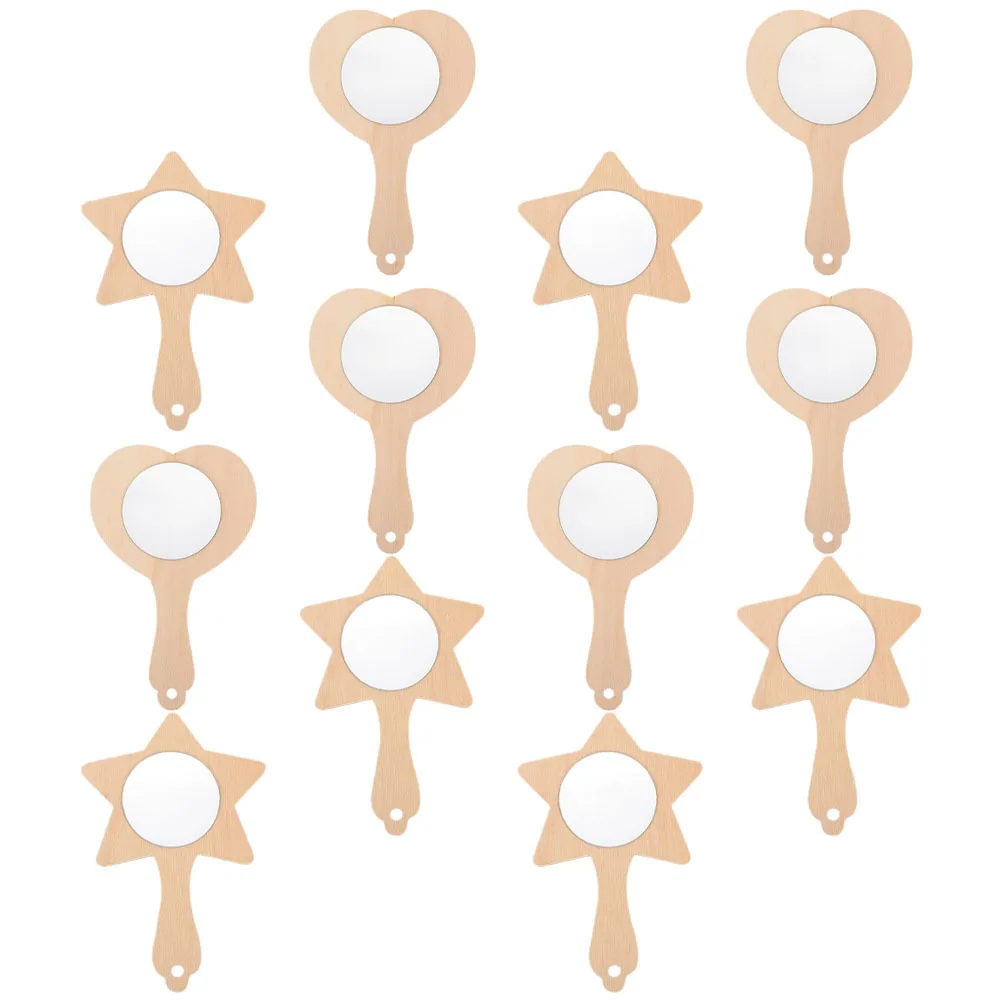 12Pcs DIY Kids Wooden Handheld Mirrors Unpainted Set Craft Material for Hand Brain Coordination Educational Painting Activity