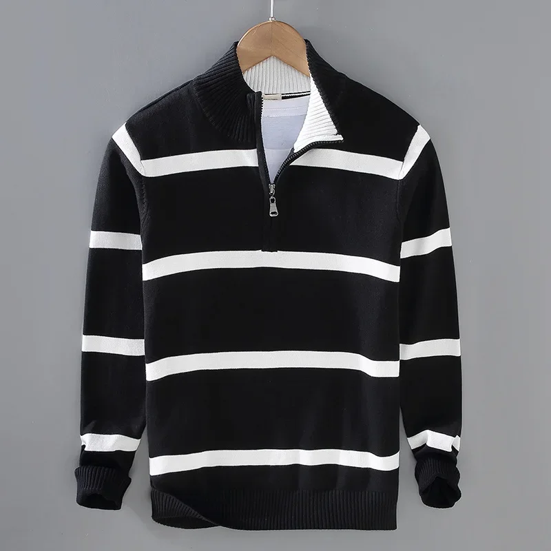 

British Style Jumpers Man Fall Winter Sweaters for Men Pure Cotton Casual Striped Knitted Sweater Mock Neck Pullover Knitwears