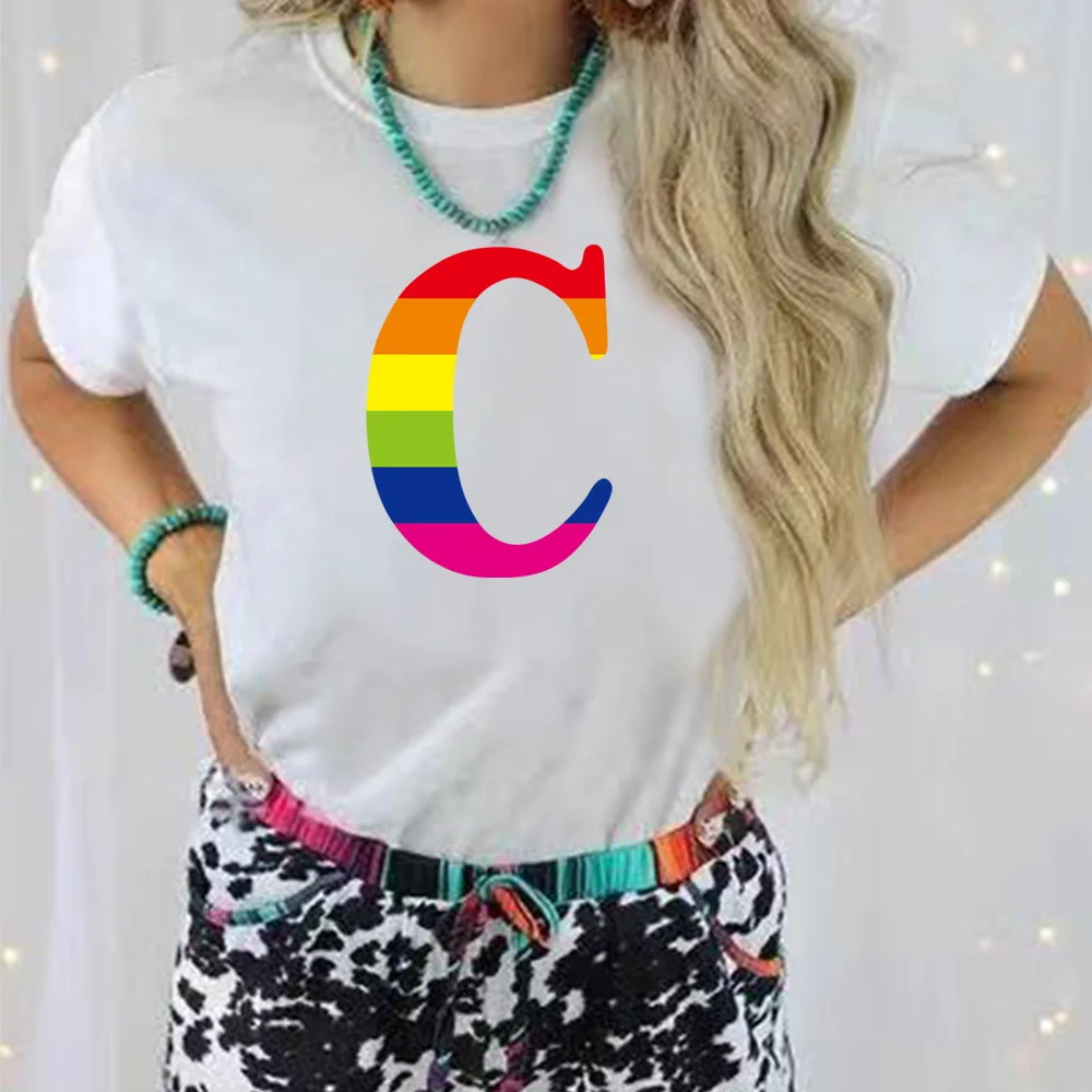 T-shirt à manches courtes pour femme, vêtement estival, estival et décontracté, avec lettres imprimées arc-en-ciel, tendance et mignon