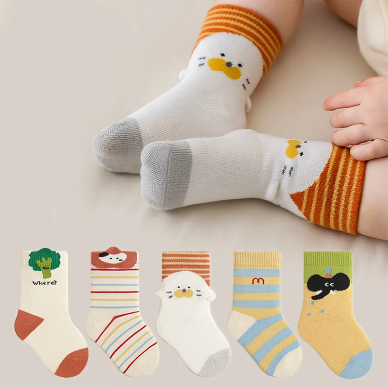 5 Pairs Newborn Socks Cute Cartoon Children'S Socks Spring Soft Cotton Baby Socks Mid Tube Kid Socks For Boys And Girls