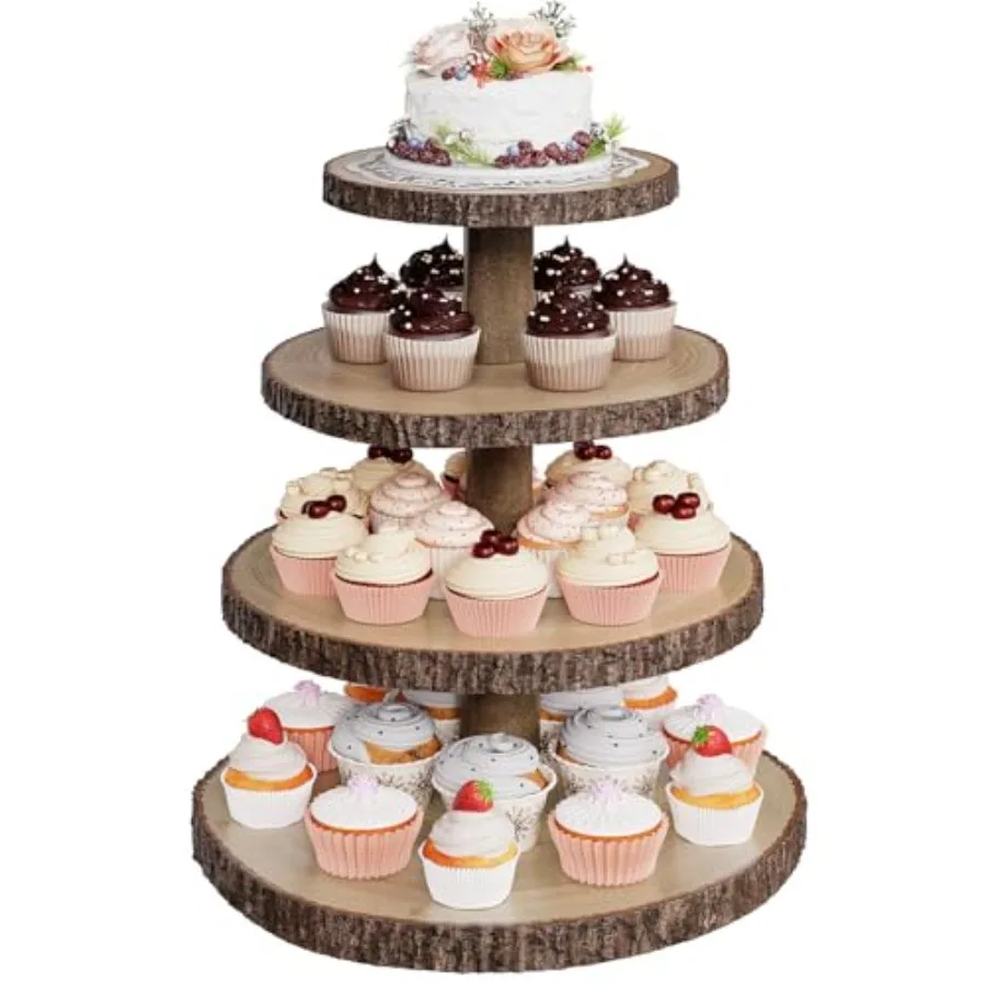 Wood Cupcake Stand 4 Tier Wooden Cupcake Tower Large Rustic Cake Display Holder Stand for Woodland Baby Shower Wedding Birthday