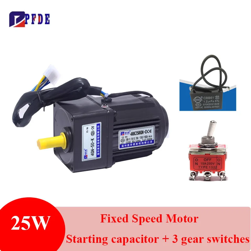 25W AC220V Geared Reduction Motor with 4GN Gearbox High Torque and Starting Capacitor + Switches Control CW CCW STOP Star