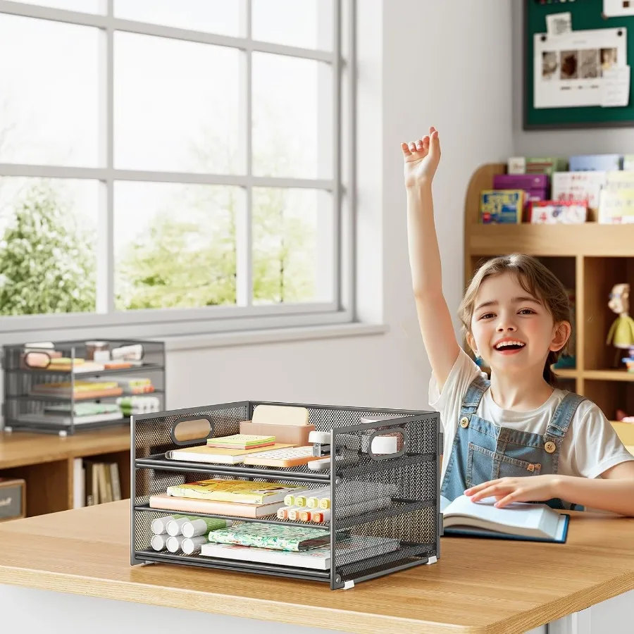 2-حزمة 3-Tier رمادي شبكة معدنية مكتب ورقة رسالة صينية ملف فارز المنظم مع مقبض + 1 صينية منزلقة لمكتب المنزل مكتب Sc #6