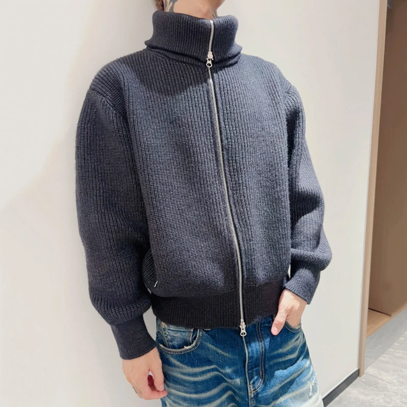 HKSH Autumn Winter New Women Sweater Stand Collar Double-zipper Pocket Solid Color Elegant Casual Short Knitted Cardigan HK15951