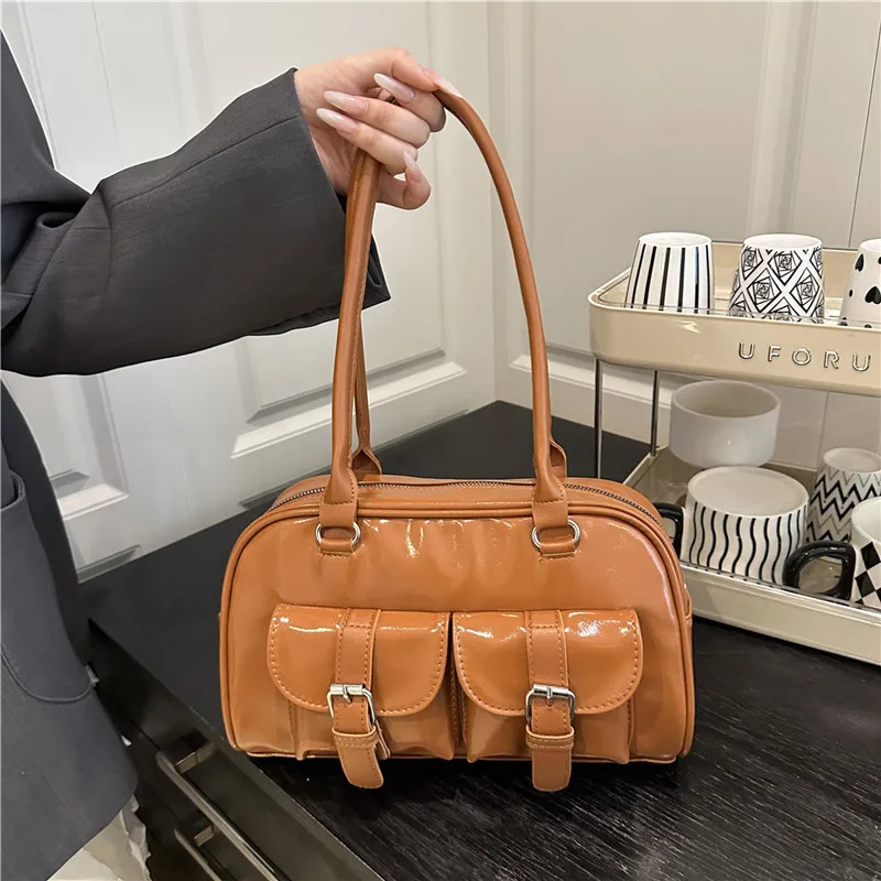 

Корейские женские сумки через плечо с двумя карманами, вместительные дамские сумки-бостон из искусственной кожи, однотонные женские сумки-тоут