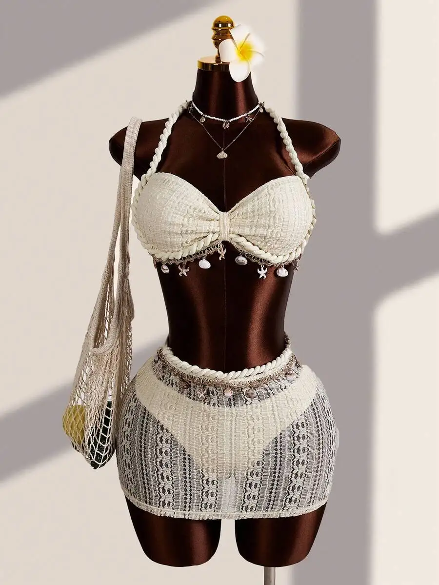 

Womens Cream Crochet Bikini Set With Shell Starfish Pendant And Mini Skirt Beachwear