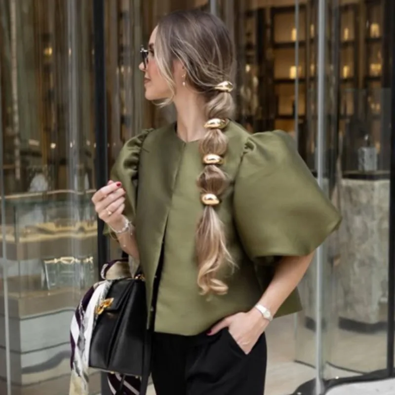 

Однотонный атласный топ с пышными рукавами: Элегантный, комфортный и модный укороченный топ для европейского и американского рынков