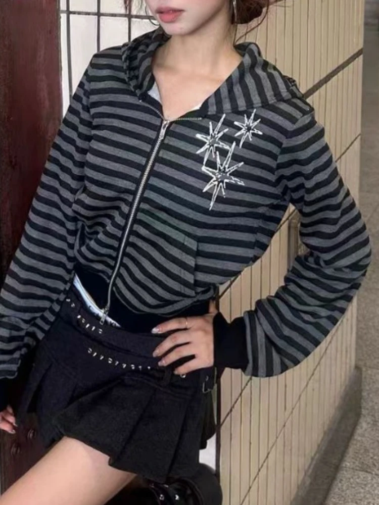 

Корейская мода, полосатая толстовка на молнии, женская толстовка с длинными рукавами Y2k, шикарные повседневные тонкие короткие толстовки, винтажная уличная одежда, пальто с капюшоном