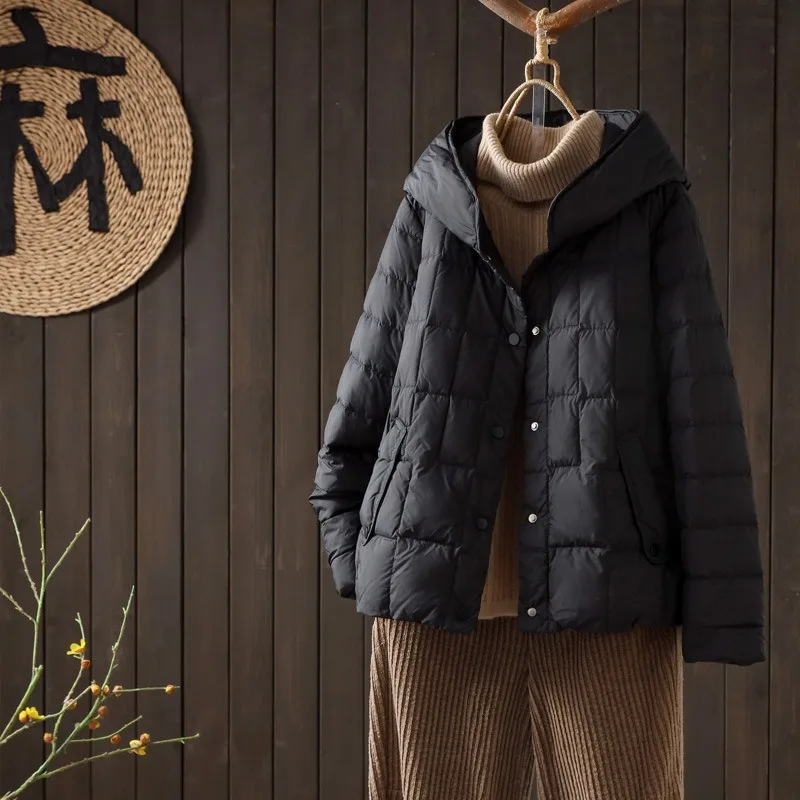Autumn Winter Warm Hooded Quilted Coat New Casual Lightweight Chic High-end Single-breasted Women's White Duck Down Down Jacket
