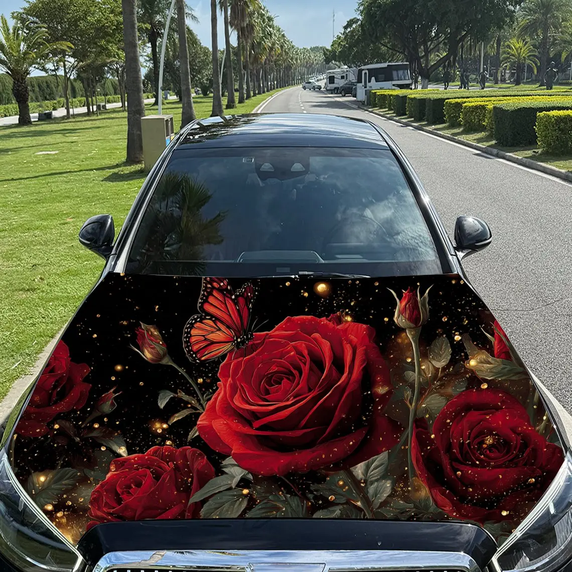 Dynamic Black Flame Butterfly and Rose Print car hood stickers, waterproof self-adhesive, scratch resistant, easy to stick, dura