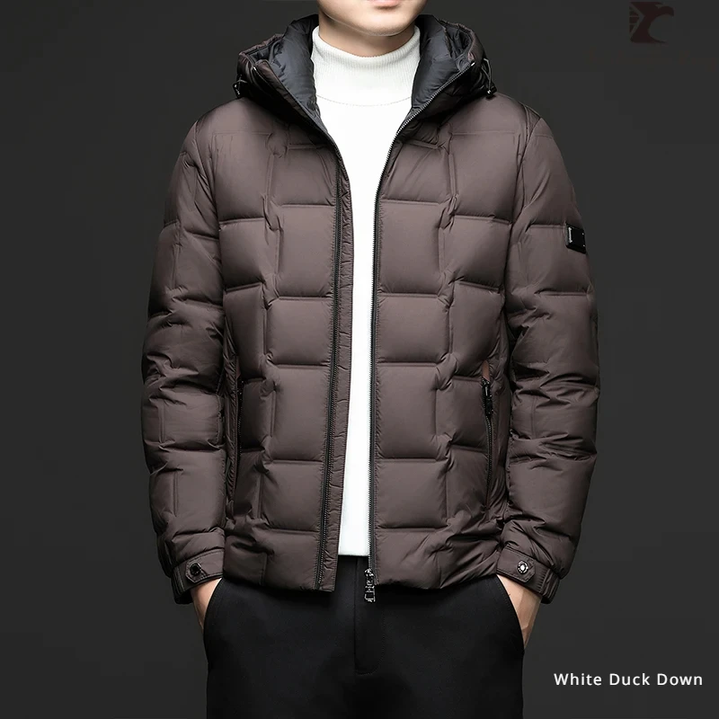 Winter Men's Grid Stitching Hooded Down Jacket Fashion Casual White Duck Down Coat