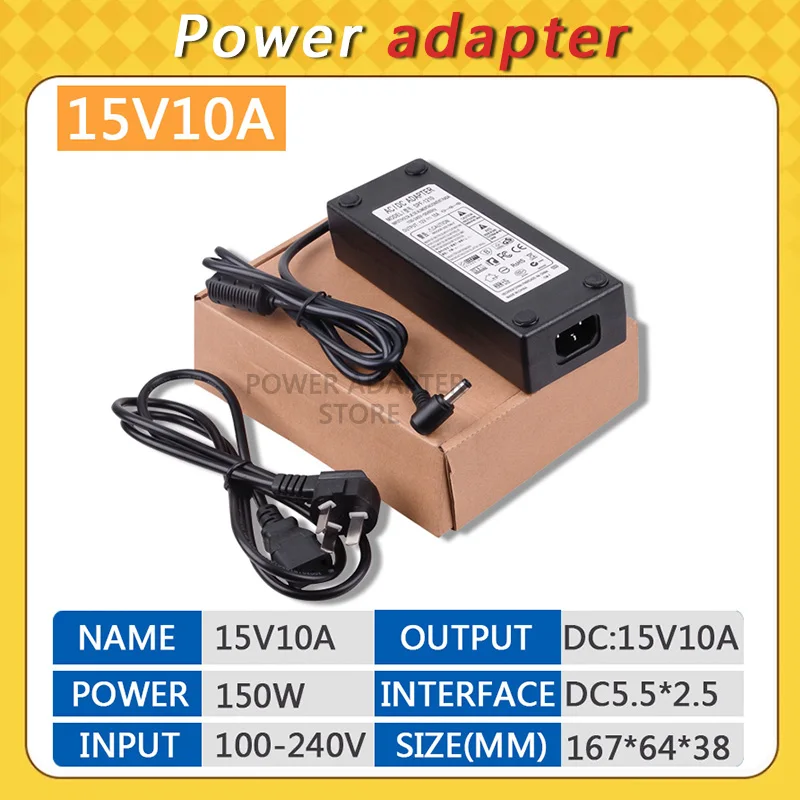 

DC 15V10A Power Supply Adapter, AC 100-240V to DC 15V10A Switching Transformer Jack 5.5mm x 2.5mm for LED Strip, Light, Cameras