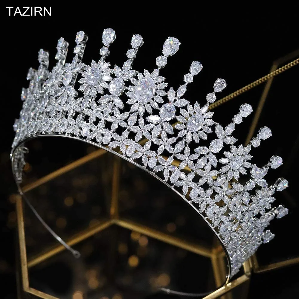 

TAZIRN Luxury Big 5A Cubic Zirconia Tiaras and Crowns for Women Princess Wedding Handmade CZ Arabic Dubai Bride Hair Accessories