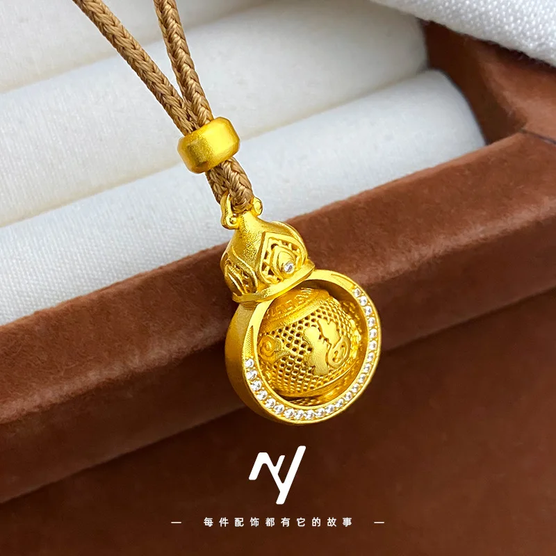 Women's 9999 24K Real Gold Diamond-set Rotating Fu Zi Xiangyun Gourd Pendant Braided Necklace New Style Fu Zi Gourd Pendant