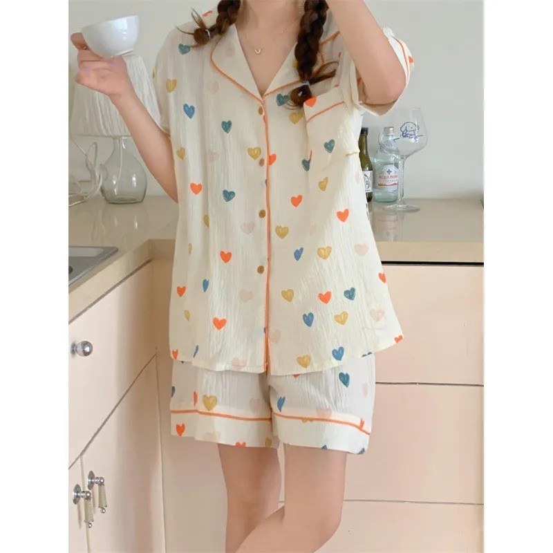 Conjunto de pijama texturizado con Estampado de cereza para mujer, Top de manga corta con botones y solapa, pantalones cortos elásticos, ropa de dormir