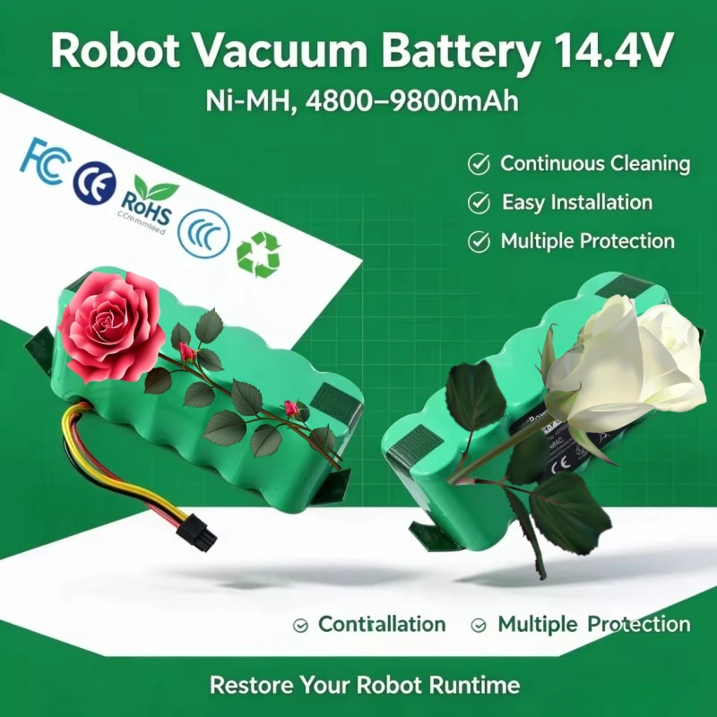 Robot Vacuum Cleaner Upgraded Ni-MH Spare Battery 14.4V 4800‑9800mAh Rechargeable Battery Fit for Panda Haier Ecovacs Dibea
