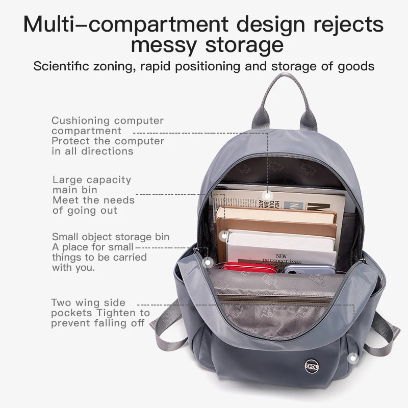 حقائب ظهر نسائية من Fouvor مصنوعة من النايلون المقاوم للماء ومتينة وبسيطة حقائب سفر خفيفة الوزن وعصرية حقائب ركاب احترافية 6105-01