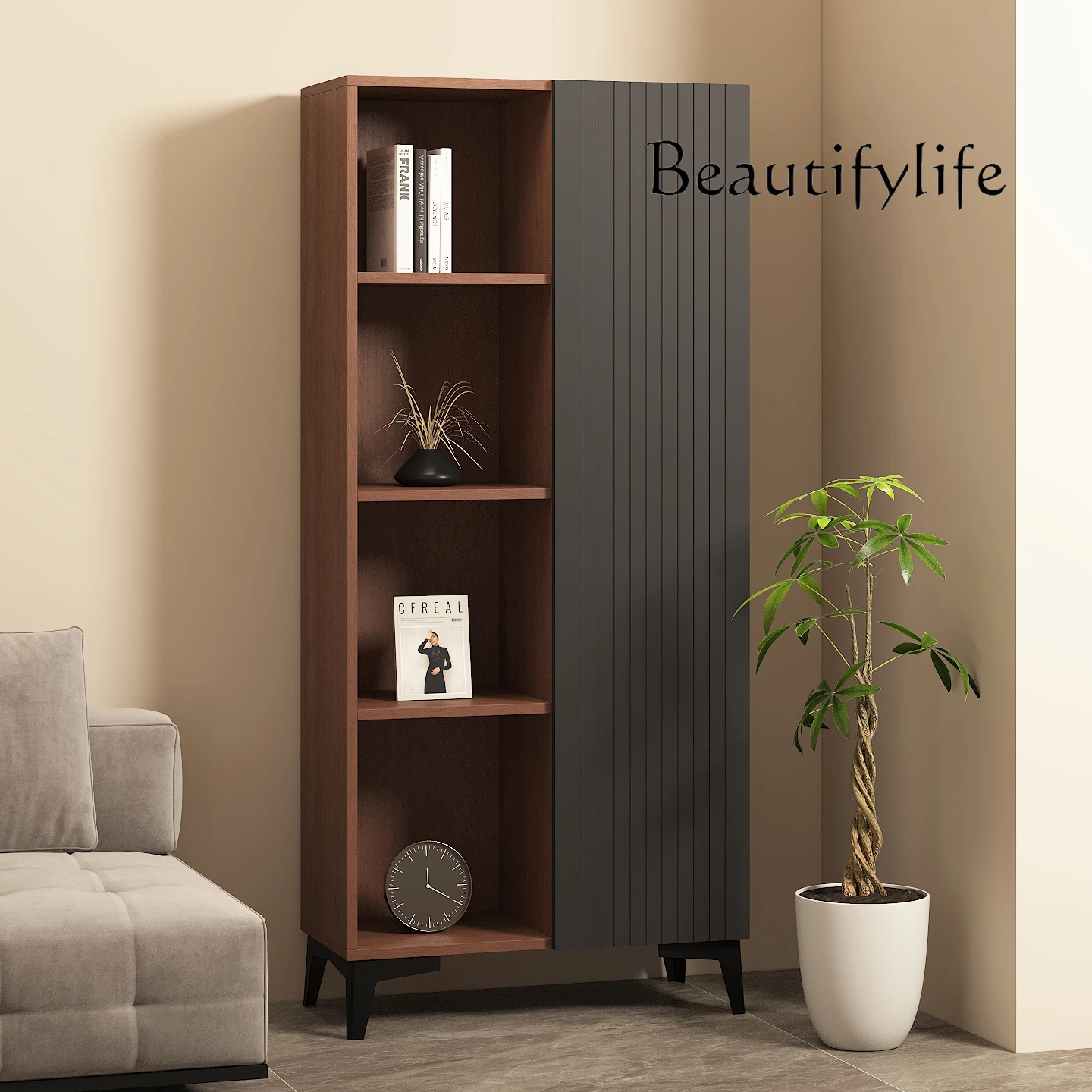 New solid wood bookcase, locker integrated floor living room with cabinet door, light luxury shelf customization