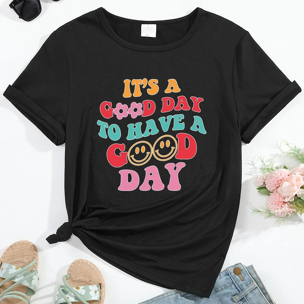 

Women's T-shirt Good Day Pattern Print Round Neck Comfortable Breathable Casual Streetwear Female Clothing Top Tees Hot Sales