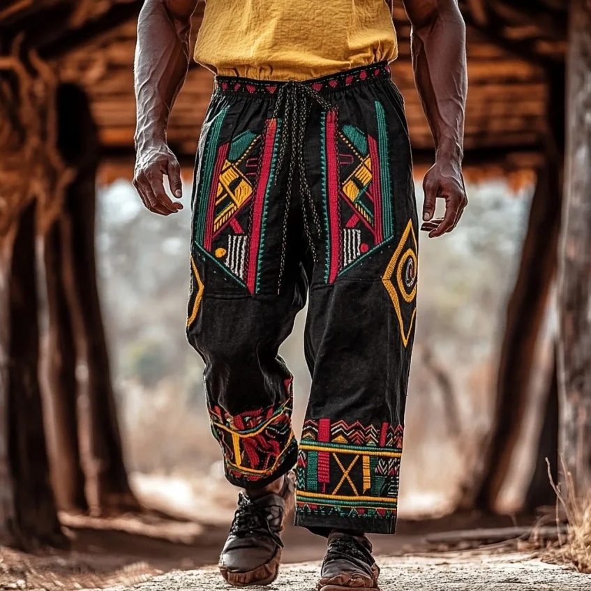 

Men's tribal geometric black proud June festival totem 3D printing autumn casual straight leg pants summer beach pants S-5XL