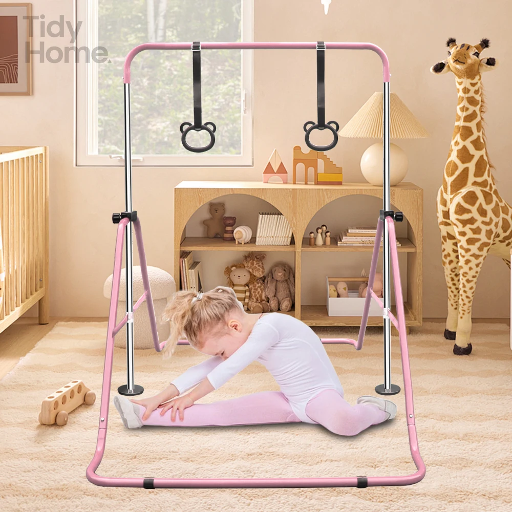 

Multi-Functional Adjustable Height Children's Horizontal Gymnastic Bar With Bear & rubber rings,better grip and slip resistance.