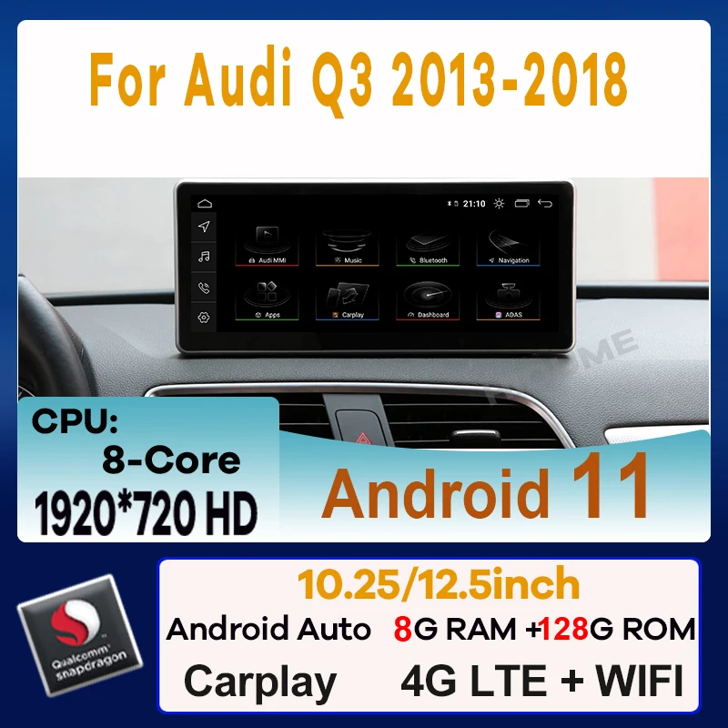 

12.5" Android 11 Snapdragon 8+128G Car Multimedia Player GPS Navigation Radio for Audi Q3 2013-2018 CarPlay Video Stereo Screen