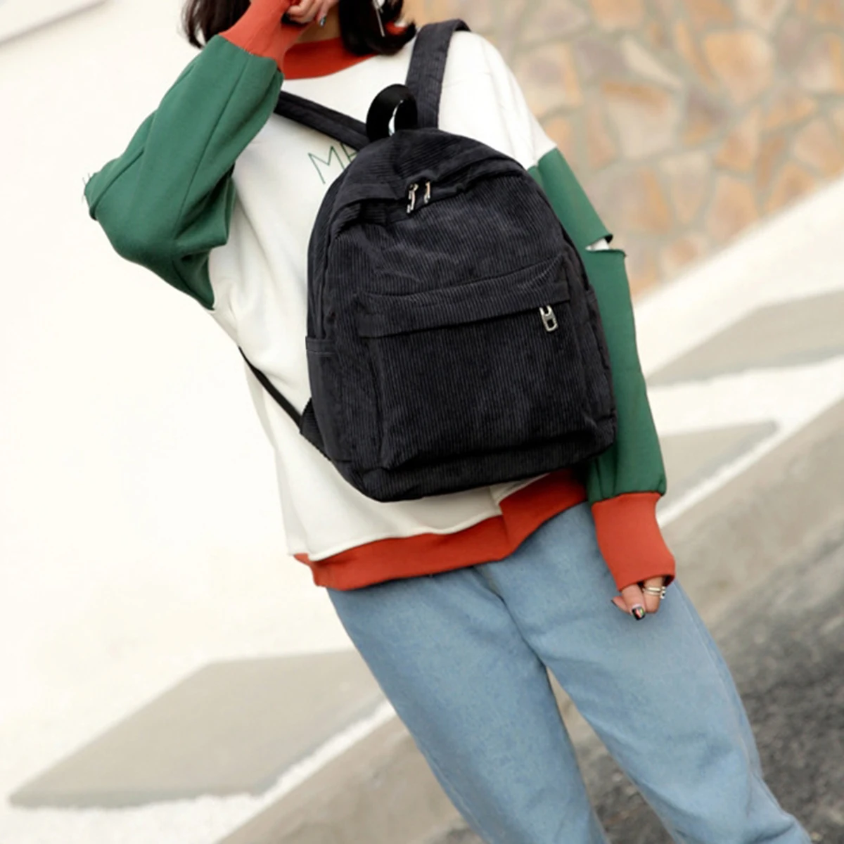 

Black fashion exquisite preppy corduroy men's and women's backpack multi-purpose large capacity outdoor school bag a package