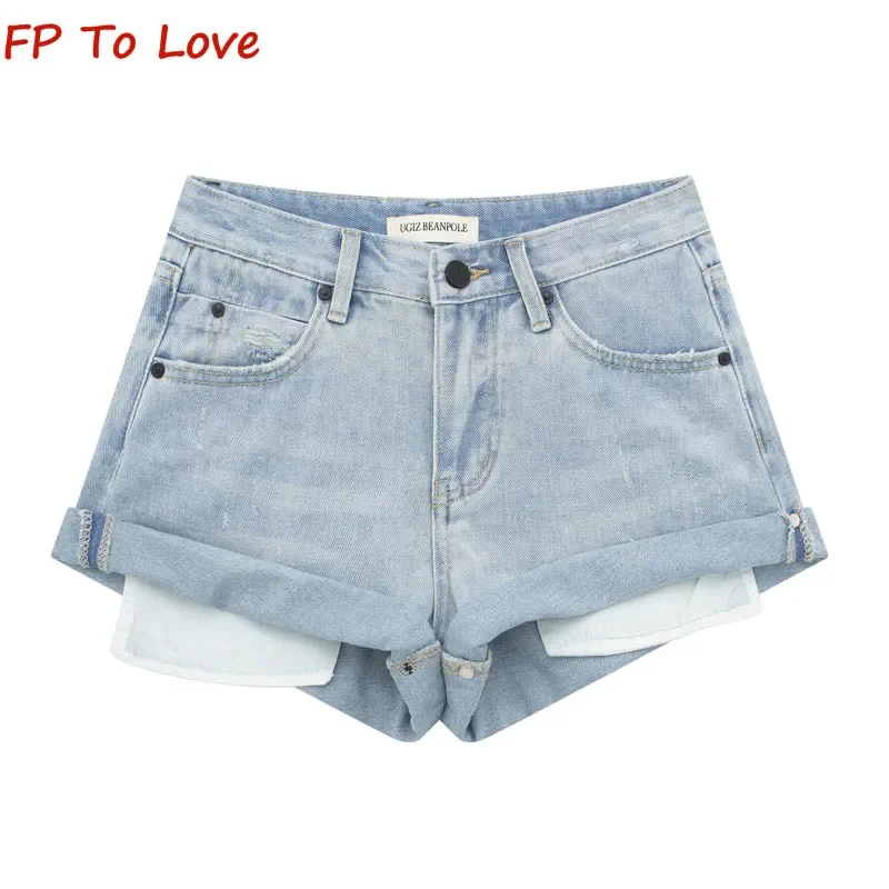 Y2K Blue Hottie Torn Back Pocket Design Rolled Denim Shorts Black Wide Leg High Waisted Flared Hot Pants