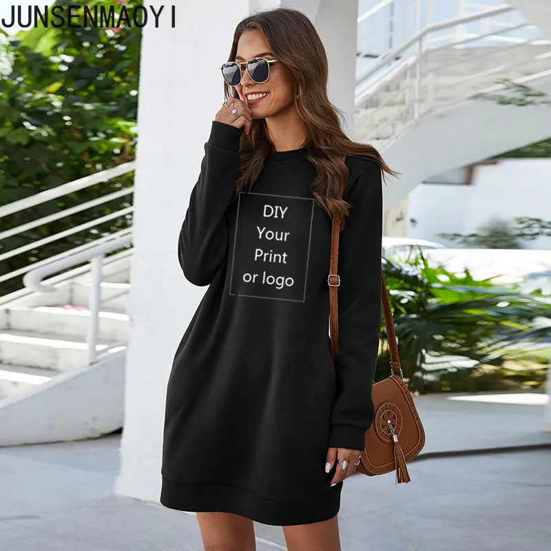 Customized Print DIY Your like Photo or Logo Autumn Winter O Neck Long Sleeve Women Sweatshirt Fashion Pocket Ladies Mini Dress