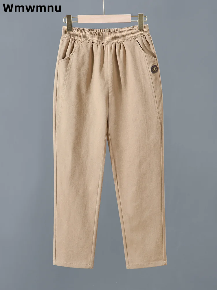 

Хлопковые женские повседневные брюки с высокой талией, прямые брюки с эластичной резинкой на талии, корейские модные новые брюки до щиколотки