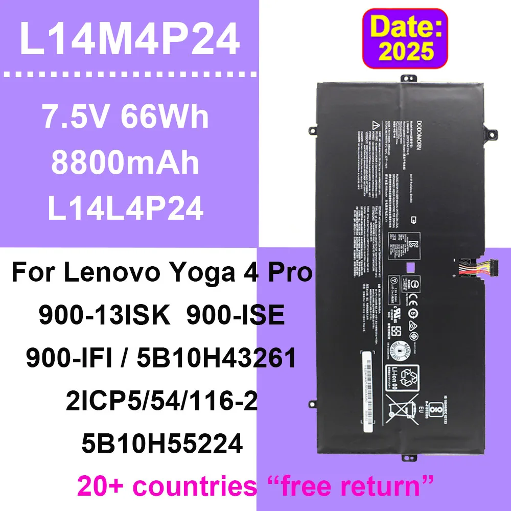 

For Lenovo Yoga 4 Pro 900-13ISK 900-ISE 900-IFI Series L14M4P24 Laptop Battery L14L4P24 7.5V 66Wh 8800mAh Fast Shipping In Stock