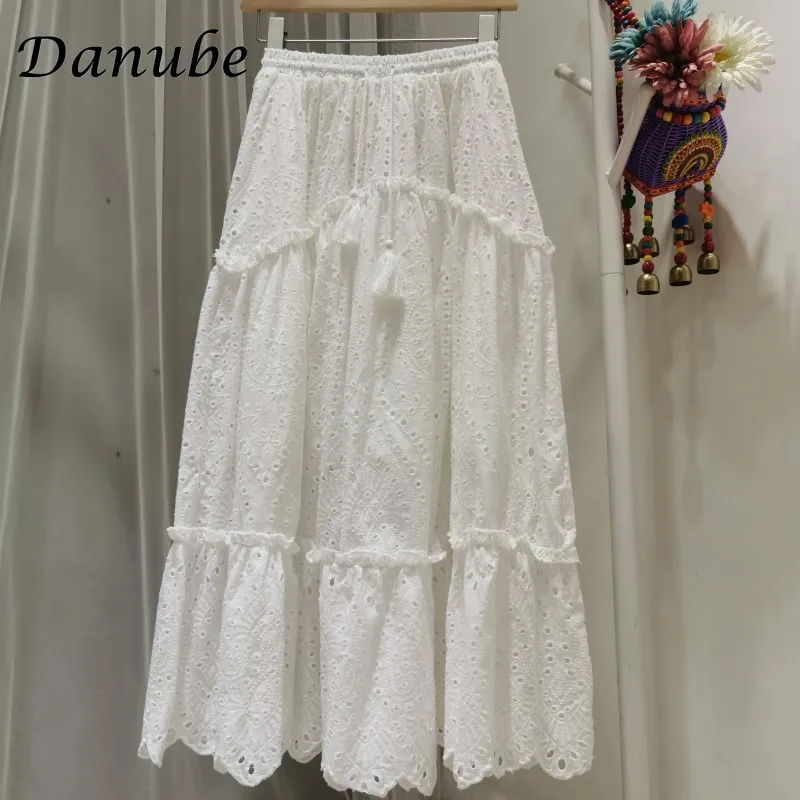 Vintage Embroidery Hollow Out Cotton Linen White Skirt For Women Korean Lace-up Midi Skirt Elegant Patchwork A-line Beach Skirt