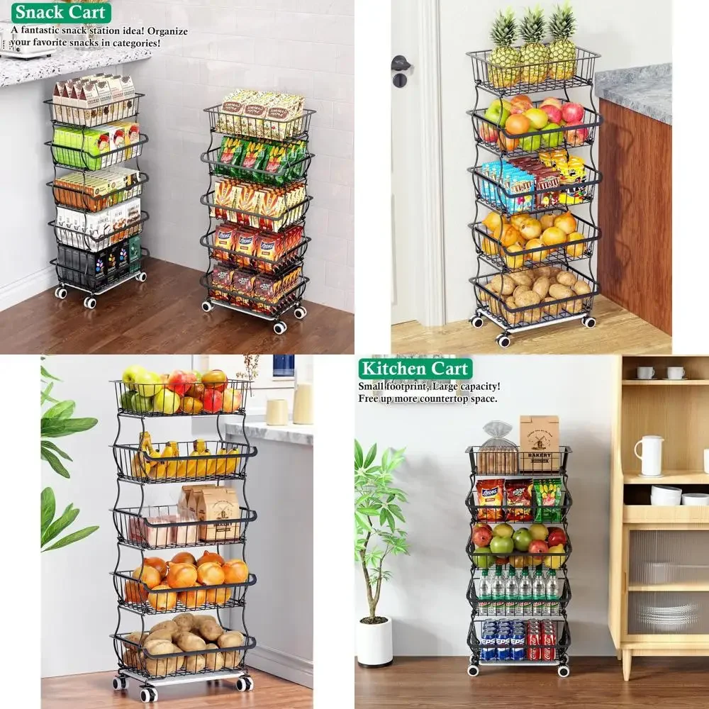 

Многоуровневая проволочная корзина для фруктов с тележкой на колесиках для кухни, штабелируемые контейнеры для овощей и хранения продуктов