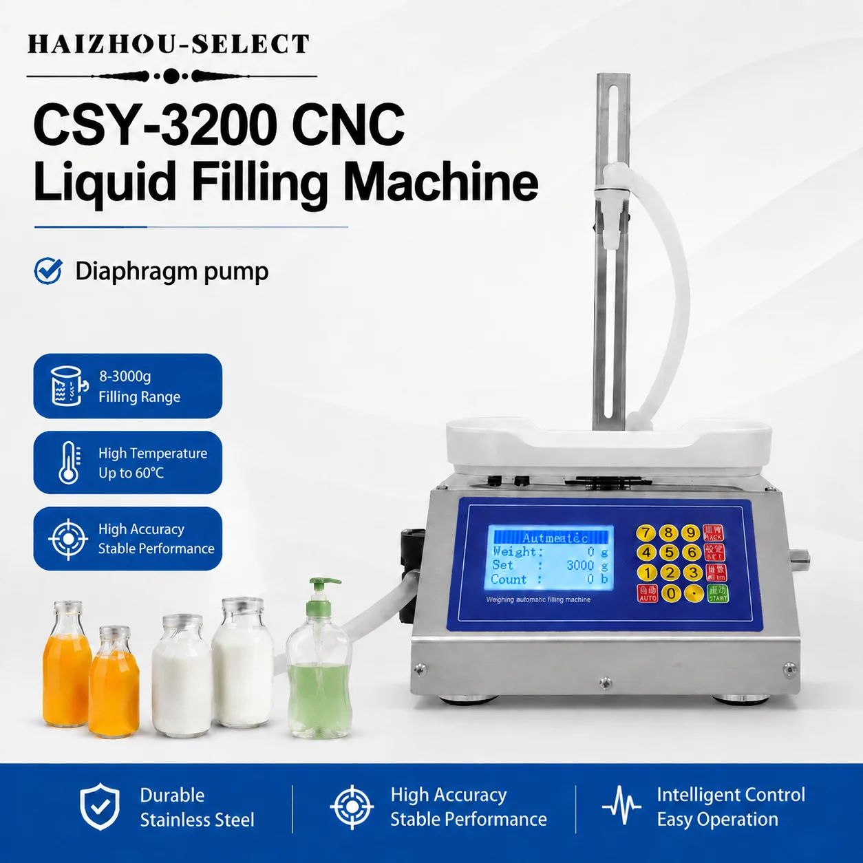 HAIZHOU SELECT CSY-3200 CNC Diaphragm Pump Liquid Filling Machine Precise And Smart Suitable For Juice Alcohol 10-3000g