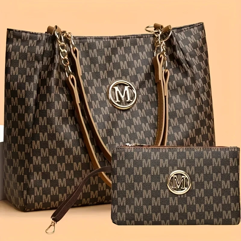 

Женская винтажная сумка через плечо из 2 предметов, большая вместительная сумка с фиксированным плечевым ремнем, кожаная сумка для поездок на работу