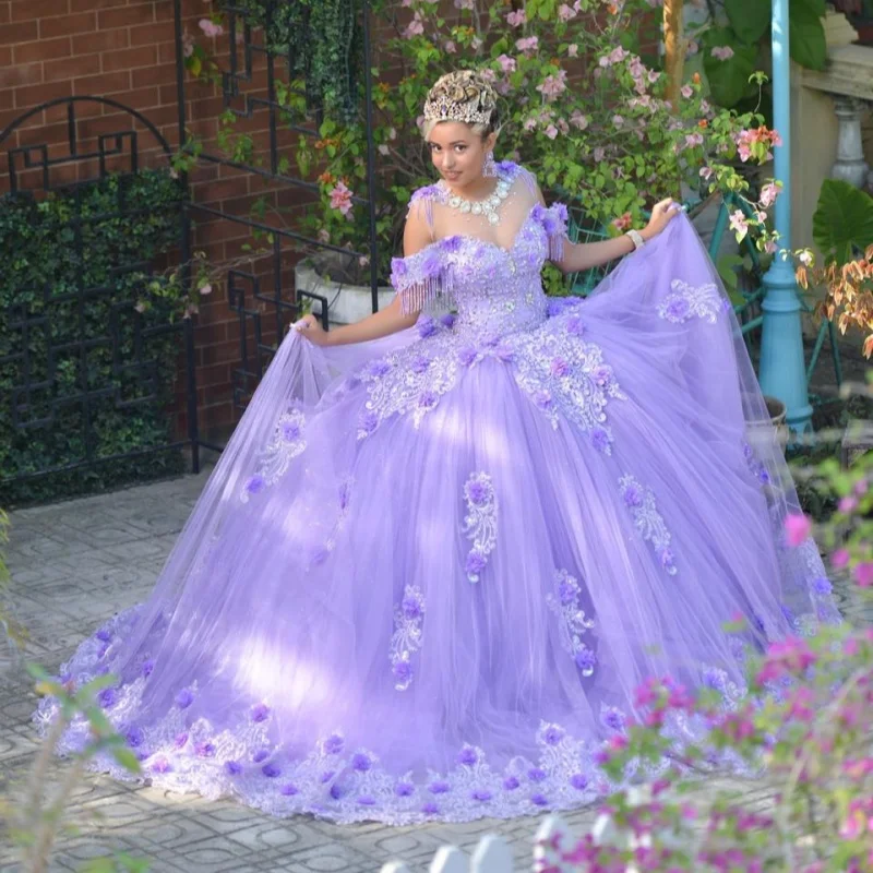 

Customized Lavender Purple Quinceanera Dresses Off the Shoulder Tull applique crystal 3D flower Vestido De 15 Quinceanera