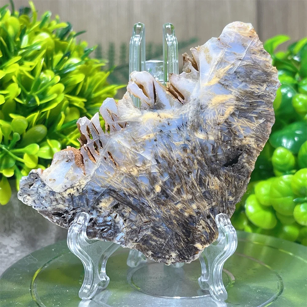 Crystal Natural Hair Slab Agate Specimen Stone Quartz Minerals Witchcraft Geode Energy Home Decoration Reiki Healing+Stand