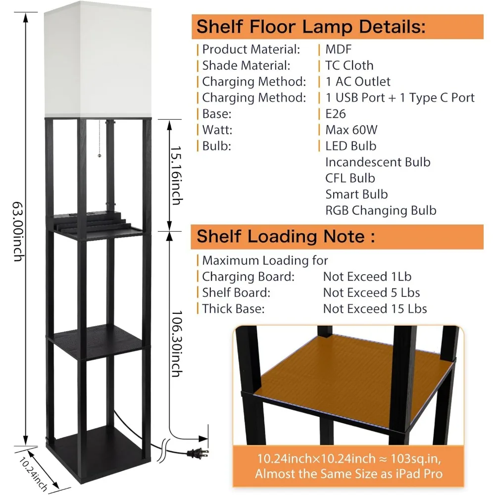 Lampu lantai rak 3-in-1, soket USB & Tipe C & 1 AC, rak LED 3 lapis, rak dan penyimpanan kombinasi lampu lantai