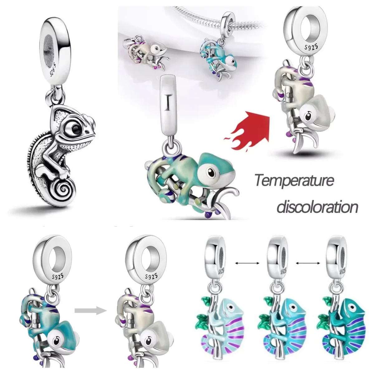 925 Silver Chameleon Dangle Charm Bead, Temp Color Changing Pendant, Fit DIY Bracelet, Gift for Birthday Anniversary Party