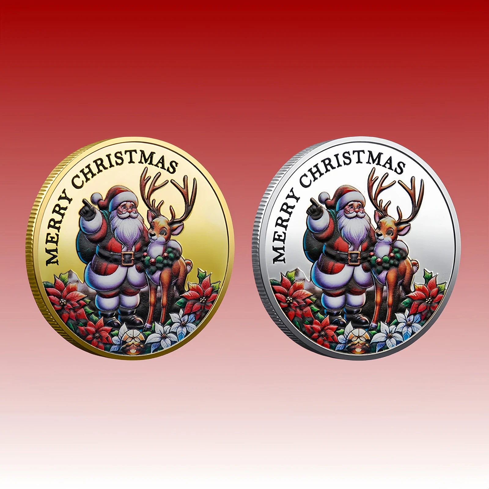 Christmas Santa Sleigh Deer, Colorful Commemorative, Decorative Coins, Home Decorations