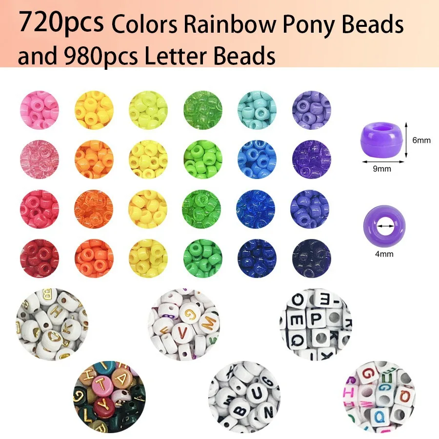 Pony Beads for Friendship Bracelet Making Kit 24 Colors Kandi Beads Set, 720pcs Plastic Rainbow Bulk and 980pcs Letter Beads wit
