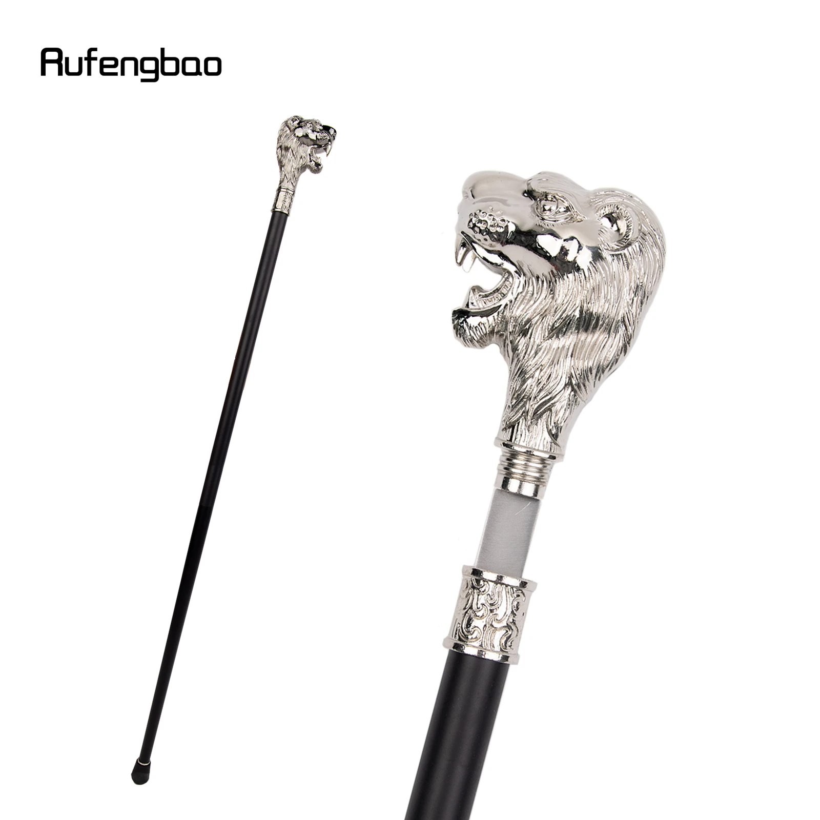 White Lion Head with Mustache Single Joint Walking Stick with Hidden Plate Self Defense Fashion Cane Plate Cosplay Stick 93cm