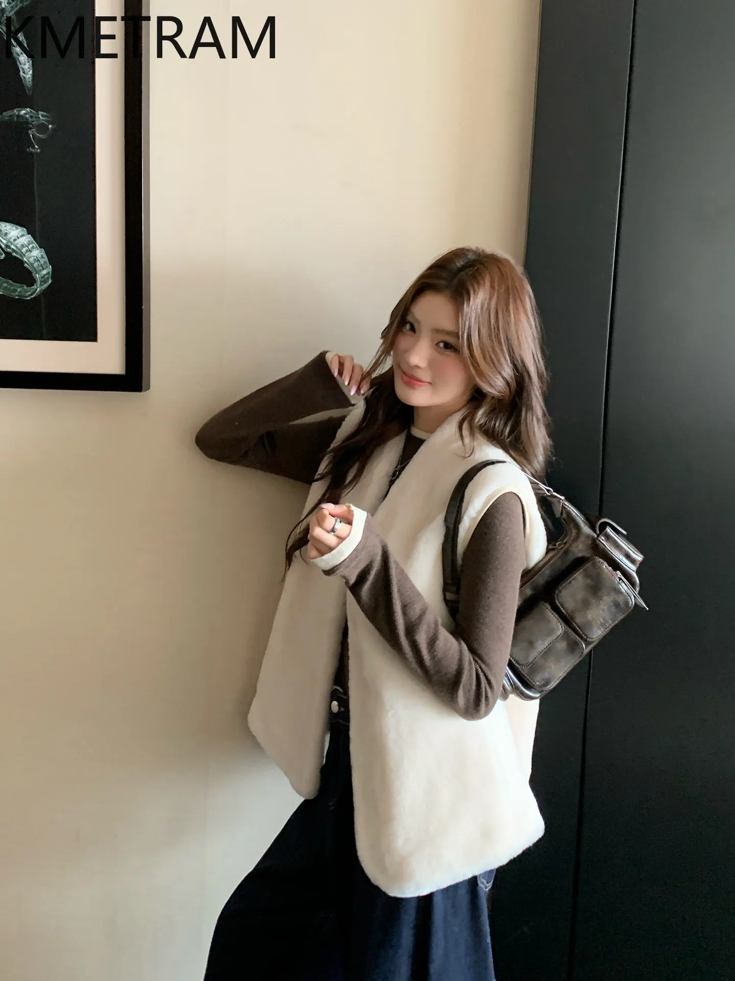

KMETRAM 100% Merino Sheepskin with Wool Attached Vest Women Fashion Sleeveless Real Fur Coat Woman Winter Clothes 62cm 2026 шуба