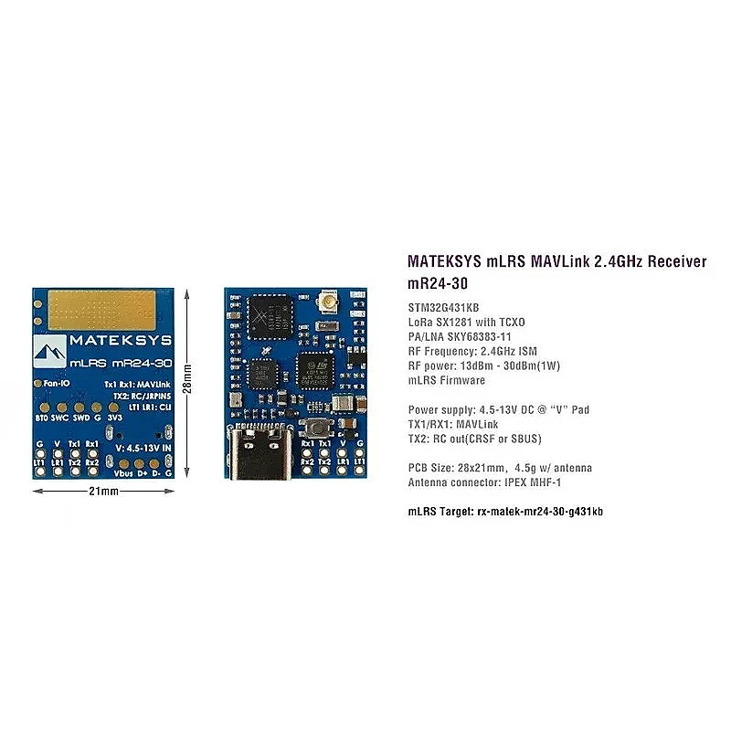 MATEKSYS MR24-30-TX mLRS MAVLink TX Kit, 2.4GHz LoRa SX1281 TCXO, 30dBm 1000mW, Bluetooth, for FPV Long Range Drone