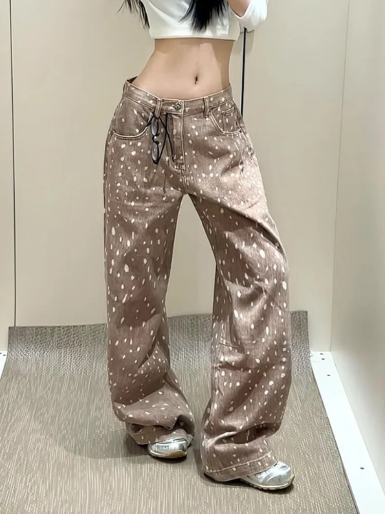 American retro hip-hop spotted deer print women's jeans summer y2k Harajuku spicy girl low waist women's pants millennium style