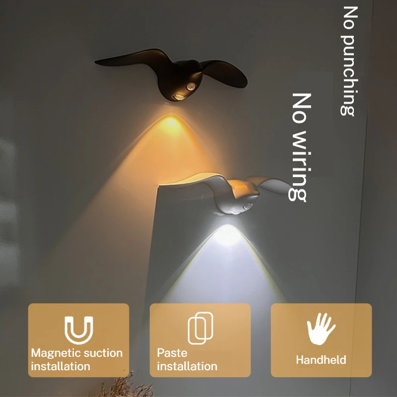 gaivota luz de parede led recarregavel com sensor de movimento luz noturna alimentado por bateria impermeavel regulavel 01