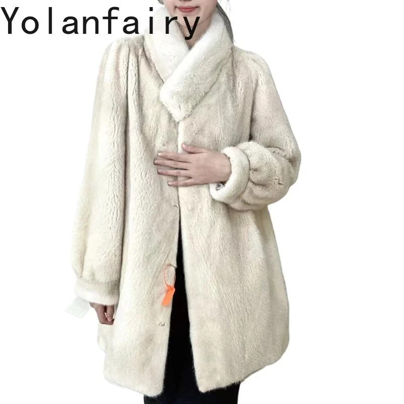 YOLANFAIRY Real Fur Coat Woman Luxury 2025 Winter Mid-length Elegant Natural Whole Mink Fur Jacket Women Fashion Black Fur Coats