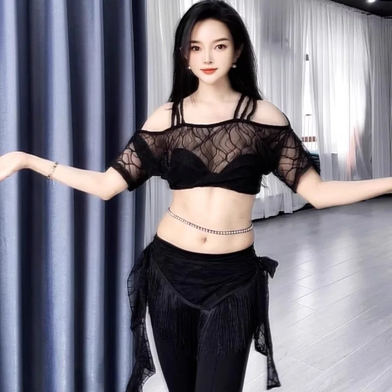 

Customized Swegal Belly Dance Costumes Practice Clothes Slightly Mesh Tassel Hip Scarves Slightly Flared Pants Set Sexy 3Pcs